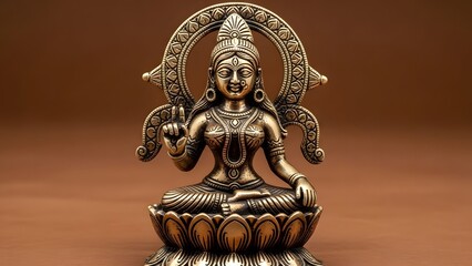 Fototapeta premium Golden brass statue of Hindu goddess Saraswati seated in lotus pose on lotus pedestal