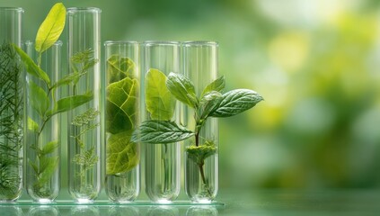 Vibrant Green Plants in Test Tubes - Botanical Research, Sustainable Growth, Biotechnology.