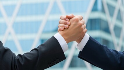 Two business professionals in suits engage in a symbolic arm wrestle, showcasing competition and partnership against a modern city backdrop.
