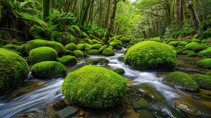 Lush Green Moss-covered Rocks in Flowing Mountain Stream in Dense Forest