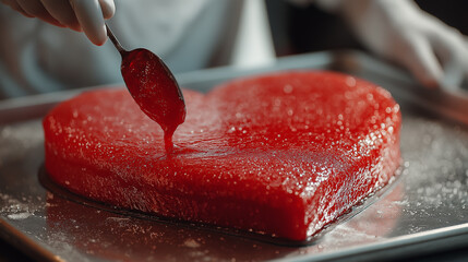 A glossy, red heart-shaped dessert being carefully spooned with syrup, showcasing intricate details and a delightful texture.