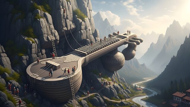 Surreal artistic interpretation of veena musical instrument mounted on steep mountain cliffs