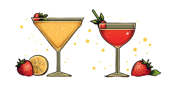 Two cocktails in transparent glasses with fruit garnish