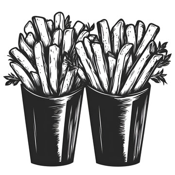 Two containers of french fries grayscale illustration