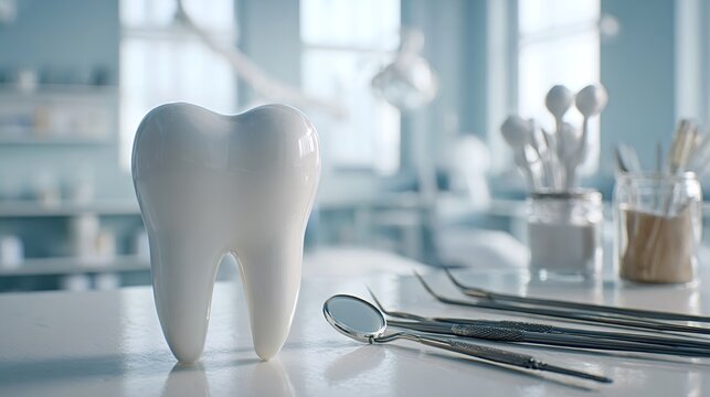 Dental tooth model and essential instruments resting on a clean white surface, conveying concepts of oral hygiene, modern stomatology, and professional dental care