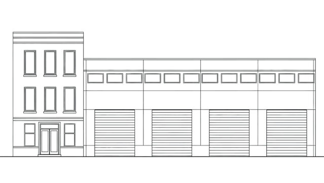 Architectural Sketch Of A Mixed-Use Building With Retail Front And Large Industrial Doors