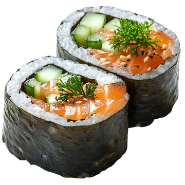 Two colorful sushi rolls with visible fillings