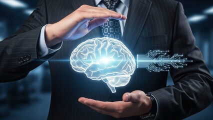 Businessman in a suit holds a glowing holographic human brain with integrated circuit connections, symbolizing artificial intelligence.