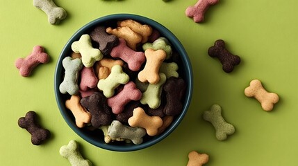 Bone shaped dog biscuits in an assortment of colors filling a teal bowl with more treats scattered around on a bright green backdrop, representing pet nutrition and rewards