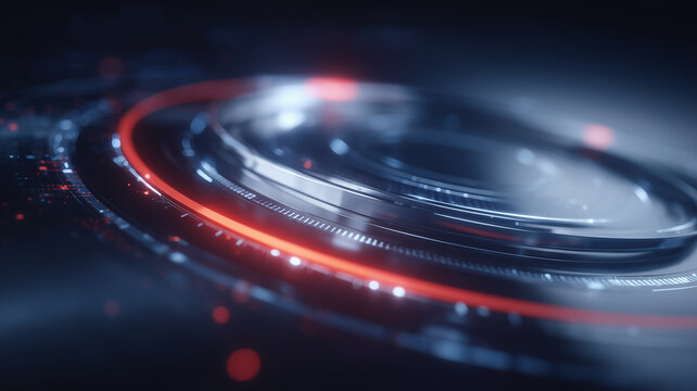 A circular digital interface with layered rings representing system control architecture and data processing layers.
 - Powered by Adobe