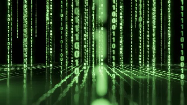 Falling Green Binary Code Streams in Futuristic Digital Space