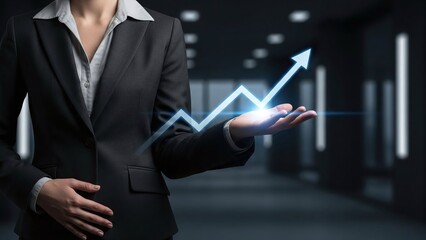 Businesswoman in a formal suit holds out her hand showcasing a glowing blue upward-trending arrow chart.