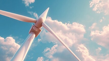 Large wind turbine rotating its blades, generating clean renewable energy against a vibrant blue sky with fluffy white clouds, symbolizing sustainable power and environmental protection