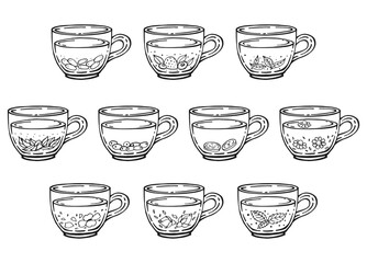 Set glass mugs of tea. Hand drawn vector illustration.