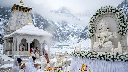 Religious snowy mountain temple setting with people praying before white floral marble deity statue
