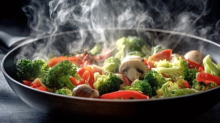 Steaming broccoli, red bell pepper and mushrooms sizzling in a hot wok, vibrant fresh vegetables being stir fried for a healthy homemade vegan meal preparation