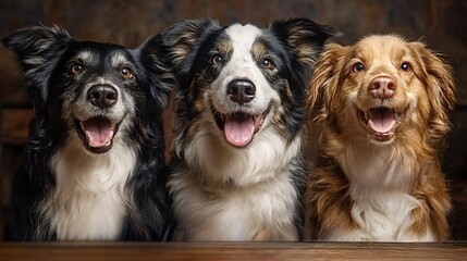 Three border collies side by side in a studio portrait, mouths open and tongues out, showing joyful, friendly expressions and a close bond of playful companionship