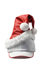 A red and white Santa hat with fluffy trim sitting on a white baseball cap on transparent background