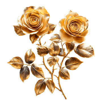 Two detailed gold roses on transparent background
