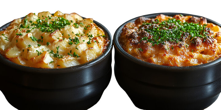 Two dishes of asian food in dark bowls