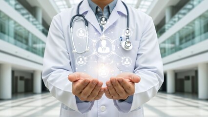 Doctor extends open hands, displaying a network of glowing healthcare and patient icons.