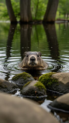 Small mammal emerging from water in a pond