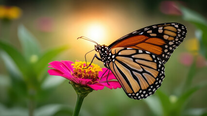 Fototapeta premium Butterfly perched on vibrant pink flower, natural sunlight