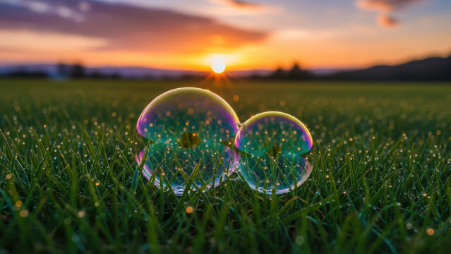Two iridescent bubbles on lush green grass at sunset