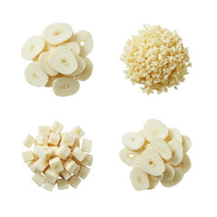 Four piles of chopped and sliced garlic on a white background