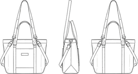 Obraz premium Technical fashion sketch of handbag with front, side, and back views showing straps, pocket, stitching, and structural details.