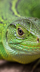 Fototapeta premium Close-up of a green lizard's head with detailed scales