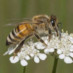 Close Up of Honeybee Collecting Nectar from A White Flower in A Natural Green Environment