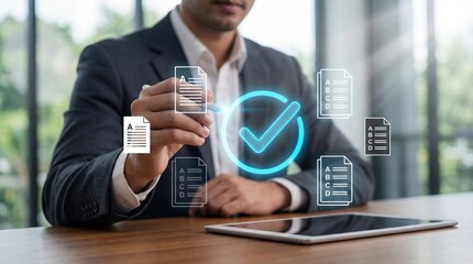 Professional completes digital document verification and approval concept
