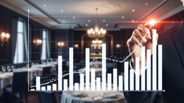 Hand draws an upward-trending financial bar and line graph overlaid on a sophisticated, dimly lit restaurant interior. - Powered by Adobe