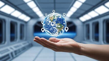 Hand holds a luminous digital earth globe with location pins, in a futuristic corridor setting.
