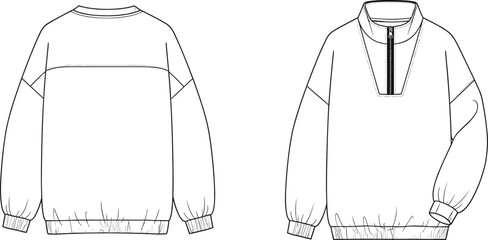 Technical fashion sketch of pullover sweatshirt with partial zipper, crew neck, ribbed cuffs and hem, front and back views. © itz moni