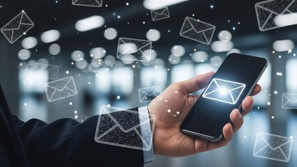 Hand holds a smartphone displaying an email icon, surrounded by many floating digital messages.
