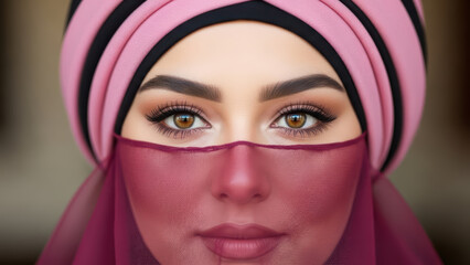 Naklejka premium Woman Wearing Pink Headscarf Against Blurred Background