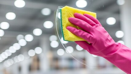 Hand in a pink rubber glove holds a yellow sponge, cleaning a shiny surface effectively.