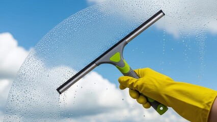Hand in a yellow rubber glove uses a squeegee to clean a window against a clear blue sky.