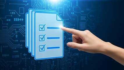 Hand interacting with digital checklist on circuit board background finger blue background