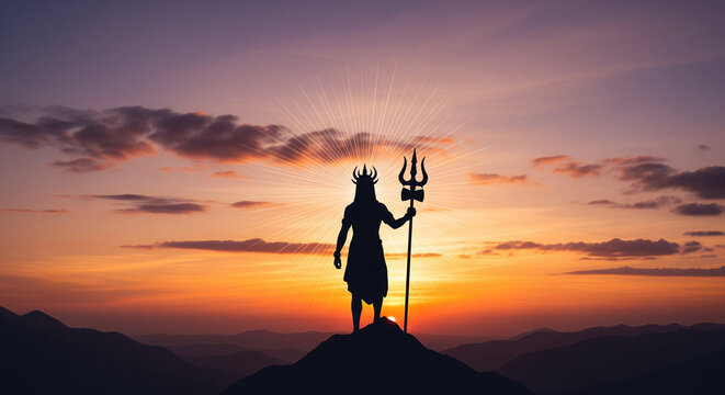 Silhouette of Lord Shiva standing on kailash mountain peak holding a glowing trident or trishula at sunset with orange and purple clouds