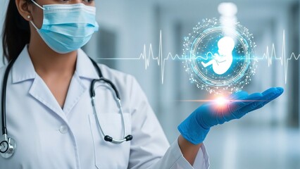Masked doctor holds a glowing digital fetus icon, representing prenatal care with a heartbeat.