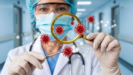 Masked doctor in gloves examines red virus particles with a magnifying glass and tweezers.