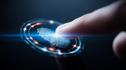 Close up of a human finger pressing a glowing fingerprint on a transparent digital surface, representing biometric access control and cybersecurity.
