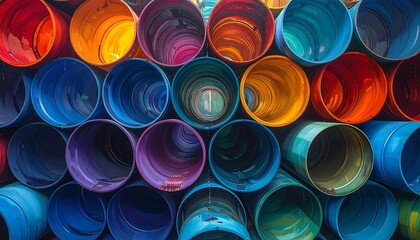 Stacked, cylindrical objects of various colors create a vibrant, patterned composition with circular openings. Perspective emphasizes depth