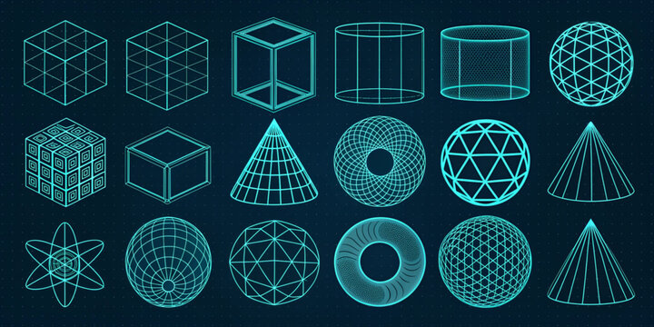 Collection of various geometric wireframe shapes and 3D models presented in a futuristic digital style on a dark blue background