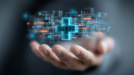 Digital medical cross hologram floating above a human hand, representing healthcare technology and digital medical services.
