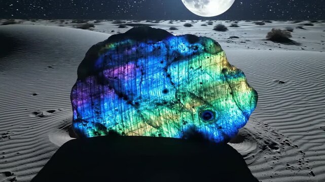 A glowing Labradorite stone under the full moon in the desert night