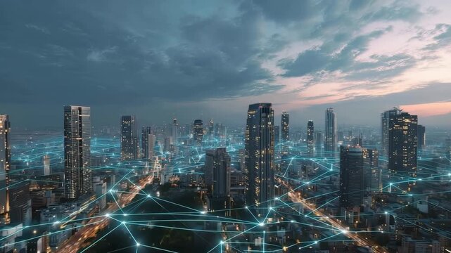 Futuristic cityscape digital network skyscraper technology urban modern evening cloud illuminated skyline with glowing lines, smart city connected infrastructure innovation, vibrant urban progress